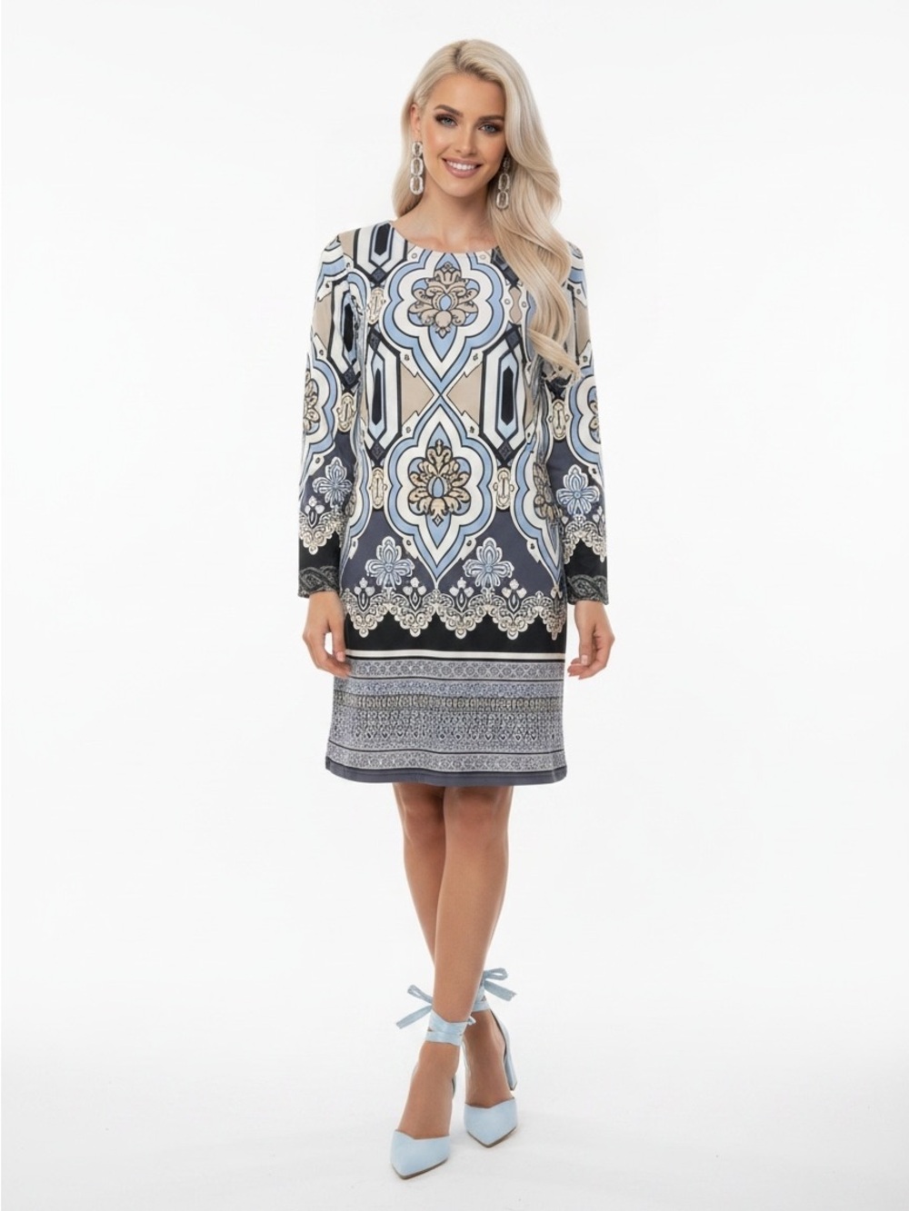 Alfani Blue and Cream Long-Sleeve Patterned Shift Dress